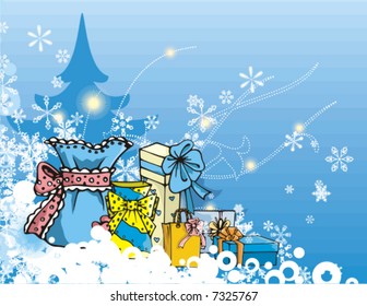 Winter holiday grunge background with many gift boxes, vector illustration.