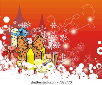 Winter holiday grunge background with many gift boxes, vector illustration.