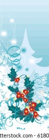 Winter holiday grunge background with snowflakes, leaves and ribbons, vector illustration.