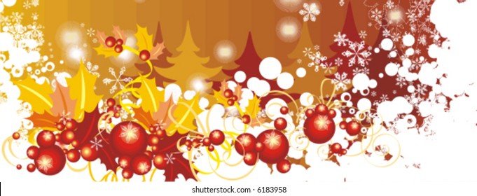 Winter holiday grunge background with snowflakes, leaves and ribbons, vector illustration.
