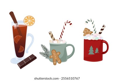  winter holiday hot drinks set, cinnamon and cocoa tea with marshmallows and gingerbread cookies. Christmas design elements for cards, prints, cloth