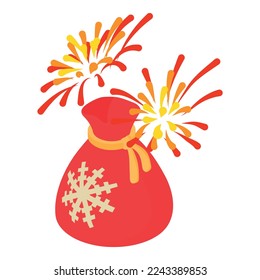 Winter holiday icon isometric vector. Big red santa sack under new year firework. Celebration, meeting new year