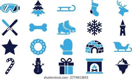 Winter and holiday icons with festive elements. Includes snowflake, snowman, gift, fireplace, and deer.
