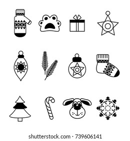 Winter holiday Icons Isolated on White Background, Linear Style. Vector Illustration. Christmas and New Year symbols. 2018 Year of the dog