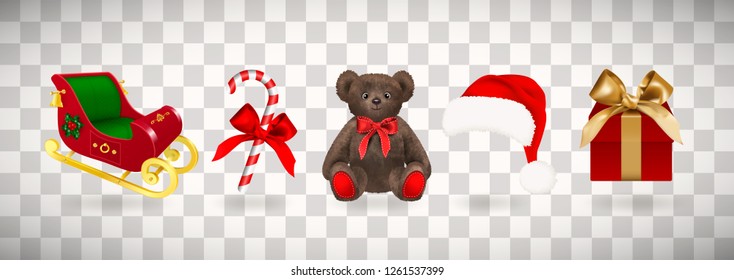 Winter holiday icons on transparent background. Set of Christmas Santa Claus slide, hat, gift box with golden ribbon, candy cane and teddy bear toy with red bow. Realistic vector illustration