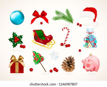 Winter holiday icons. Set of Christmas Santa Claus sleigh, Bauble, bow, goft box, piggy toy, pine branch, cone, mistletoe, holly, red berries, candies lollipop cane Realistic vector illustration