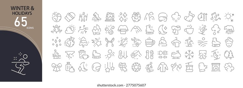 Winter and holiday icons set representing snowflake, winter season, vacation, travel, christmas tree, gift box, hot drink, ski, celebration and festive holidays in clean outline style. 