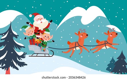 Winter holiday illustration with cute animal deers, elves, Santa Claus characters sledging at snowy forest mountain landscape. Vector cartoon flat concept. For card, package, banner, invitation.