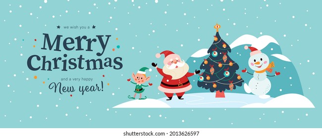 Winter holiday illustration with cute elf and Santa characters at xmas fir tree on snowy mountain landscape. Vector cartoon flat concept. For card, package, banner, invitation, flayer.