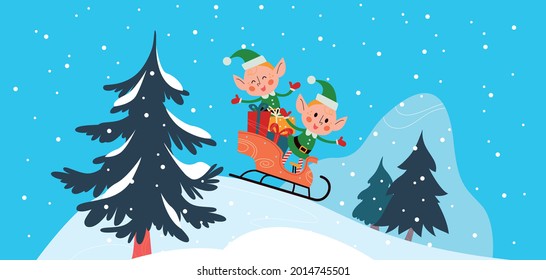 Winter holiday illustration with cute Santa elves characters sledding at snowy mountain landscape. Vector cartoon flat concept. For card, package, banner, invitation.