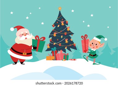 Winter holiday illustration with cute Santa Claus and elf  characters at decorated xmas fir tree on snowy mountain landscape. Vector cartoon flat concept. For card, package, banner, invitation.