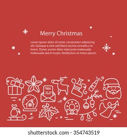 Winter holiday Illustration with line icons. Christmas and New Year line design concept for greeting card and banner.