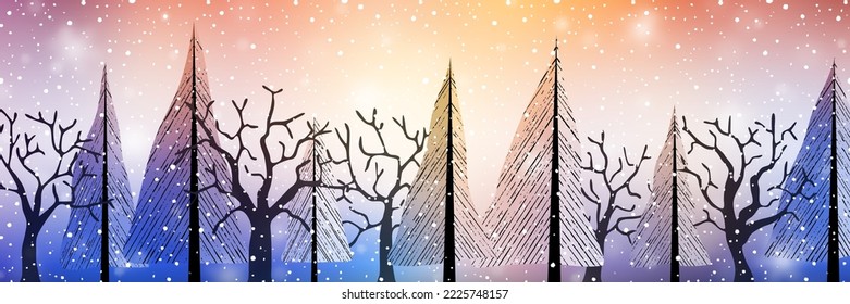 Winter holiday illustration, trees and snowfall, panoramic view