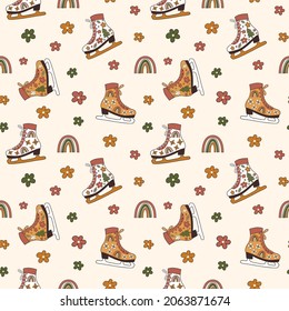 Winter holiday inspired seamless pattern with roller skates and rainbows. 70s retro style concept for background, wrapping paper, fabric etc.