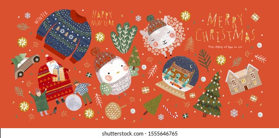 Winter holiday isolated objects for christmas and new year. Vector illustration santa claus and family, christmas tree, house, cute animal sheep and bird, sweater, tree, car.