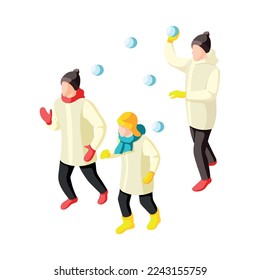 Winter holiday isometric icon with family playing snowballs together vector illustration