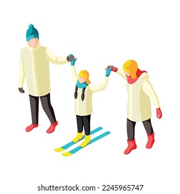 Winter holiday isometric icon with girl learning to ski with parents 3d vector illustration