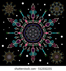 Winter Holiday Knitted Background with blue and yellow Circles, Dots and Five vector Snowflakes set On a Black Background.