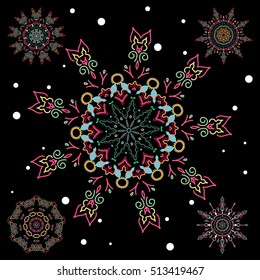 Winter Holiday Knitted Pattern with blue and pink Circles, Dots and Five vector Snowflakes set On a Black Background.