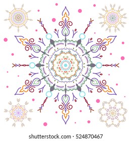 Winter Holiday Knitted Pattern with blue and gray Circles, Dots and Five vector Snowflakes set On a White Background.