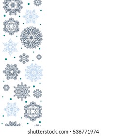 Winter Holiday Knitted Pattern with blue Circles, Dots and Snowflakes On a White Background. Seamless vector vertical background.