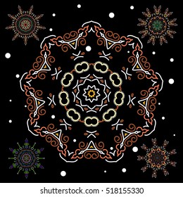 Winter Holiday Knitted Pattern with brown and white Circles, Dots and Five vector Snowflakes set On a Black Background.