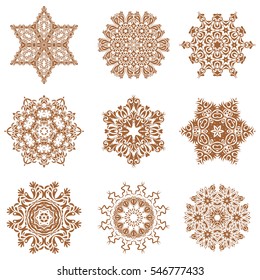 Winter Holiday Knitted Pattern with brown Circles, Dots and Nine vector Snowflakes set On a White Background.
