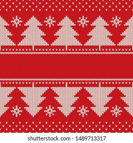 Winter Holiday Knitted Pattern. Christmas Trees Ornament with a Place for Text. Vector Seamless Wool Knit Texture Imitation