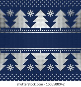 Winter Holiday Knitted Pattern. Christmas Trees Ornament with a Place for Text. Vector Seamless Wool Knit Texture Imitation