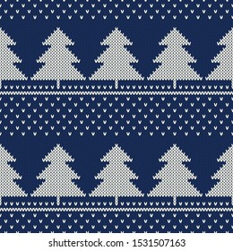 Winter Holiday Knitted Pattern. Christmas Trees Ornament. Vector Seamless Wool Knit Texture Imitation