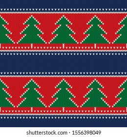 Winter Holiday Knitted Pattern. Christmas Trees Ornament. Vector Seamless Wool Knit Texture Imitation