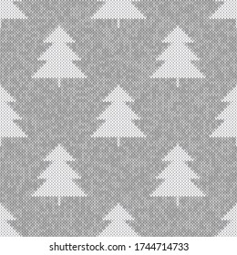 Winter Holiday Knitted Pattern. Christmas Trees Ornament. Vector Seamless Wool Knit Melange Texture Imitation
