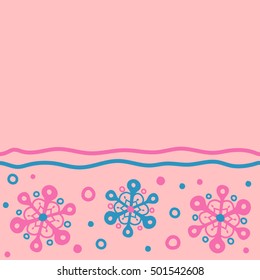 Winter Holiday Knitted Pattern with Circles, Dots and Snowflakes On a pink Background with copy space (place for your text). Seamless vector horizontal background.