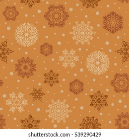 Winter Holiday Knitted Pattern with Circles, Dots and Snowflakes On a orange Background. Seamless vector background.