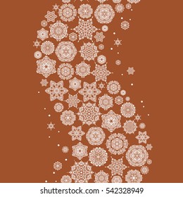 Winter Holiday Knitted Pattern with Circles, Dots and Snowflakes On a brown Background. Seamless vector background.