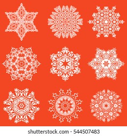 Winter Holiday Knitted Pattern with Circles, Dots and Nine vector Snowflakes set On a orange Background.