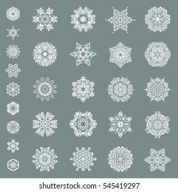 Winter Holiday Knitted Pattern with Circles, Dots and Twenty Nine vector Snowflakes set On a neutral Background.