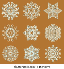 Winter Holiday Knitted Pattern with Circles, Dots and Nine vector Snowflakes set On a brown Background.