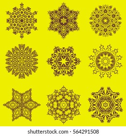 Winter Holiday Knitted Pattern with Circles, Dots and Nine vector Snowflakes set On a yellow Background.