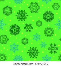 Winter Holiday Knitted Pattern with Circles, Dots and Snowflakes On a green Background. Seamless vector background.