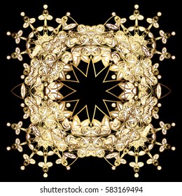 Winter Holiday Knitted Pattern with Circles, Dots and Golden snowflakes On a black Background. Vector background.