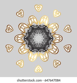 Winter Holiday Knitted Pattern with Circles, Dots and Snowflakes On a Gray Background. Vector background with doodles and golden elements.