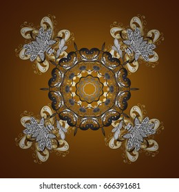 Winter Holiday Knitted Pattern with Circles, Dots and Golden snowflakes On a brown Background. Vector background.