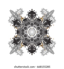 Winter Holiday Knitted Pattern with Circles, Dots and Golden snowflakes On a brown Background. Vector background.