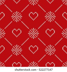 Winter Holiday Knitted Pattern with Hearts and Snowflakes. Valentine's Day Seamless Vector Background