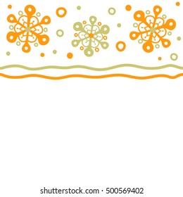 Winter Holiday Knitted Pattern with orange Circles, Dots and Snowflakes On a White Background. Seamless vector horizontal background.