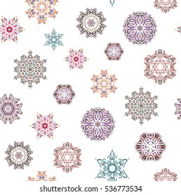 Winter Holiday Knitted Pattern with pink, beige and blue Circles, Dots and Snowflakes On a White Background. Seamless vector background.