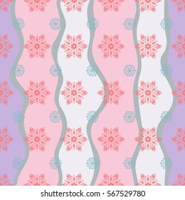 Winter Holiday Knitted Pattern with pink and blue Circles, Dots and Snowflakes On a Wave Background. Seamless vector background.