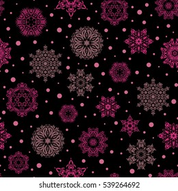 Winter Holiday Knitted Pattern with purple and pink Circles, Dots and Snowflakes On a Black Background. Seamless vector background.