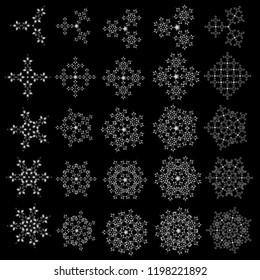 Winter Holiday Knitted Pattern with silver Circles, Dots, Stars and Twenty Five vector Snowflakes Set On a Black Background.